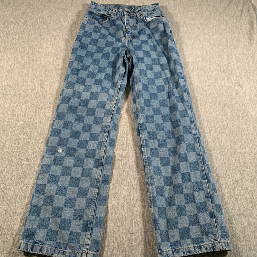 The Ragged Priest Jeans Womens 26 Blue Checkered‎ High Rise Wide Leg Denim Y2K